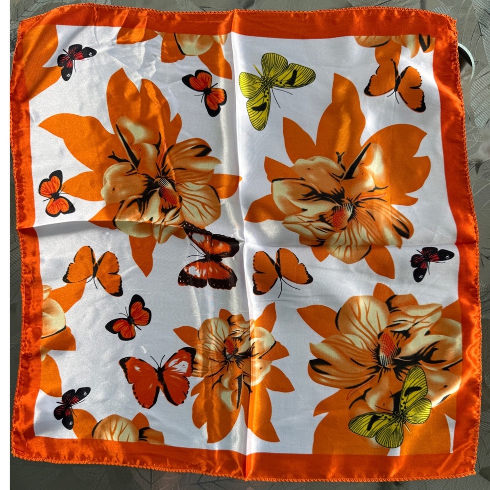 Vintage Orange Butterfly Floral Satin Scarf Square 20x20 Retro Botanical